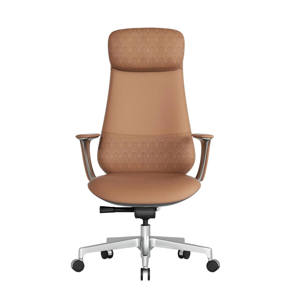 Beige leather office chair with headrest, patterned upholstery, swivel base and arms