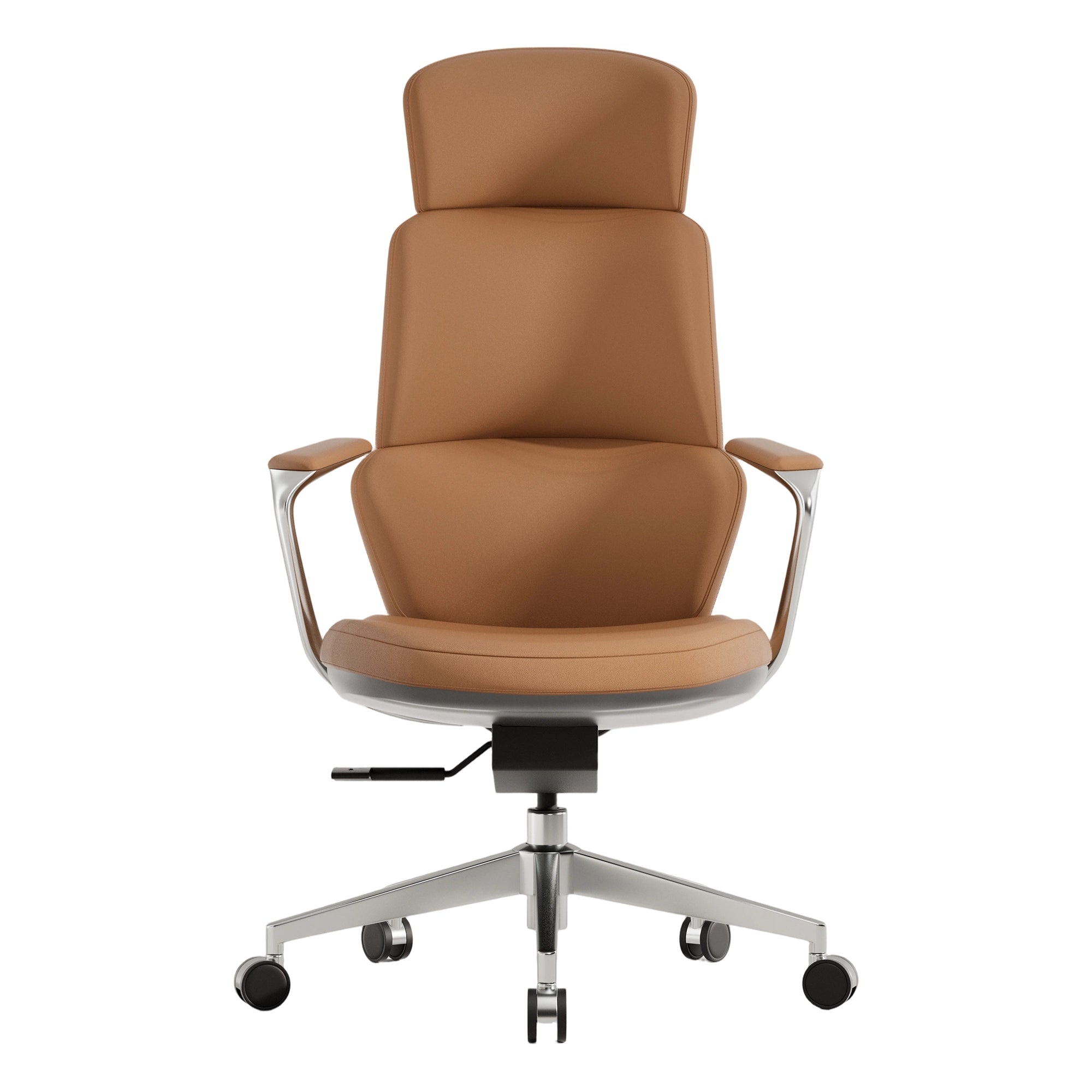 Brown leather office chair with curved seat, chrome base, swivel casters, armrests