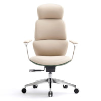 Beige leather office chair with high back, padded seat, and chrome wheeled base.