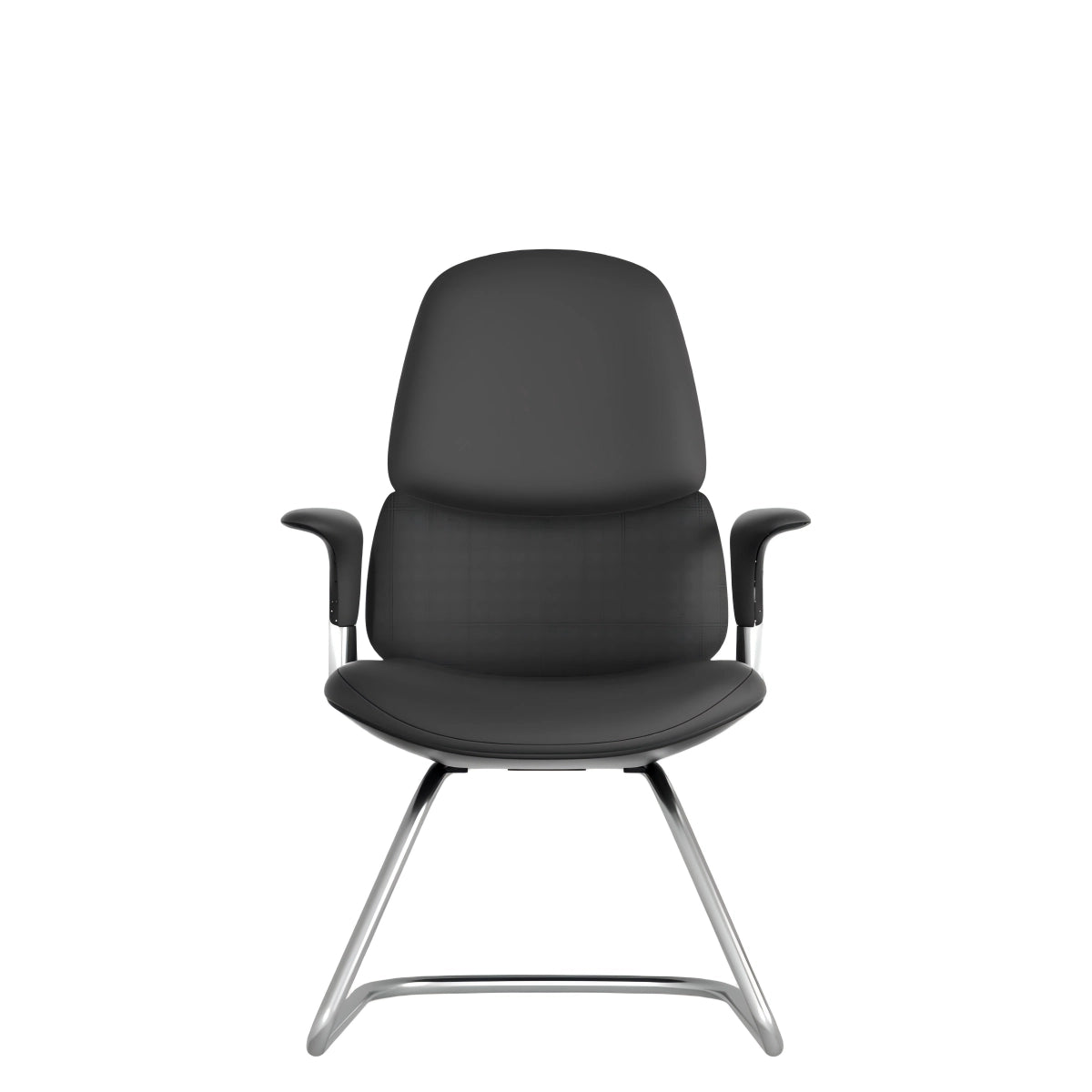 Black leather cantilever chair with curved back, round seat, and chrome cantilever base