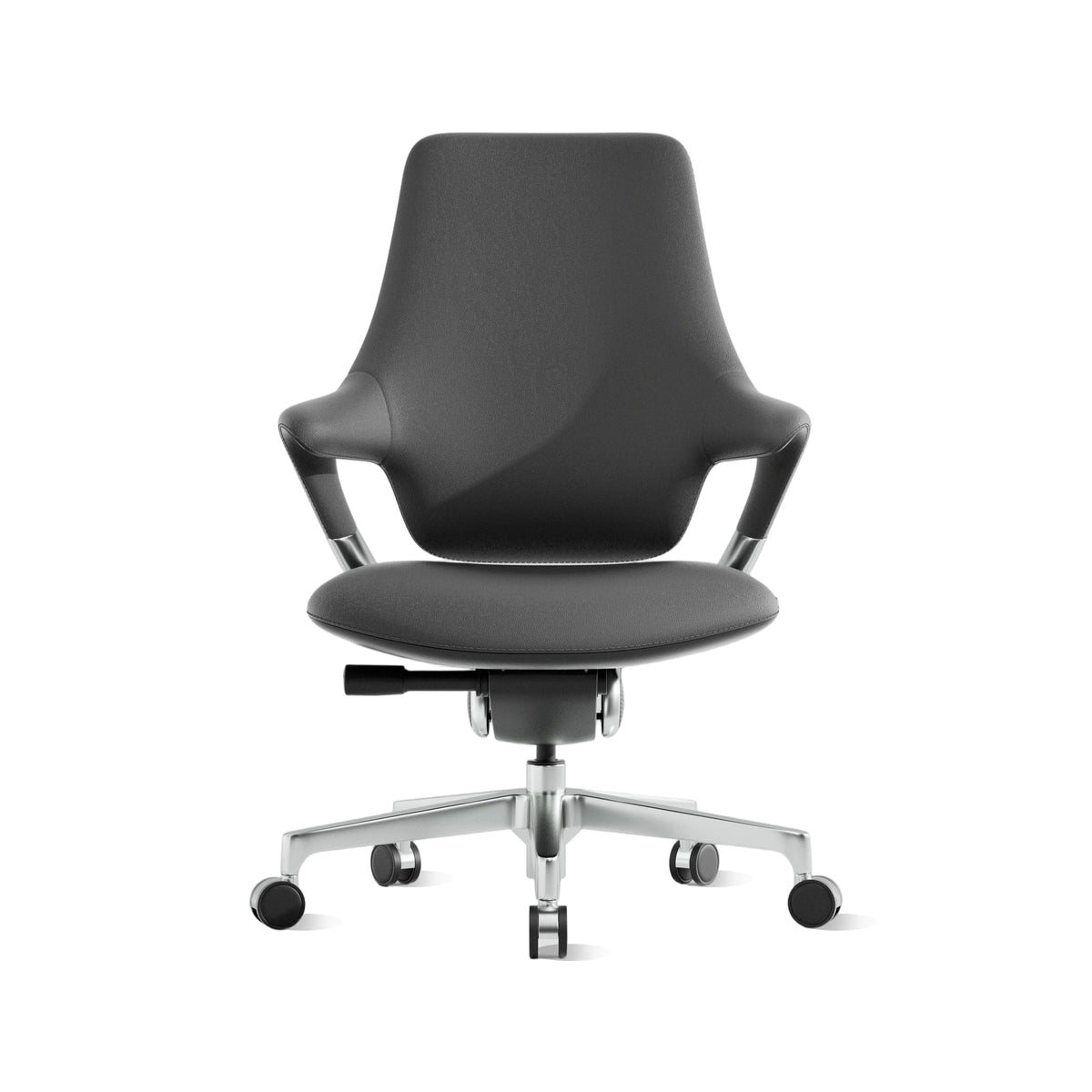 Mid-back office chair in dark black with curved seat, padded arms, and rolling base