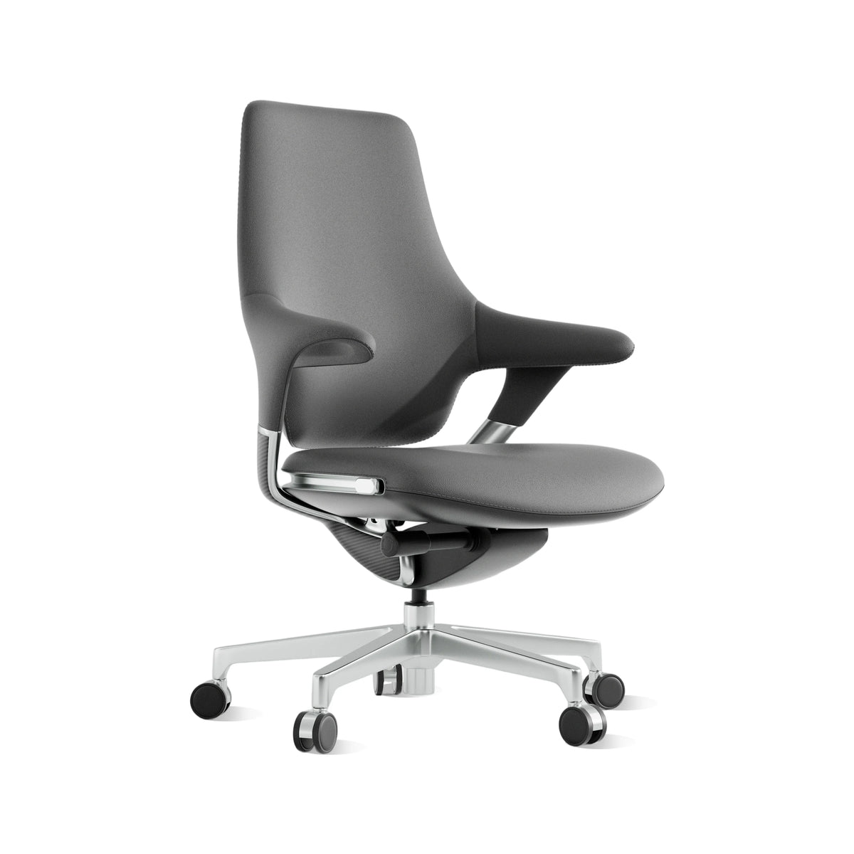 Mid-back office chair in dark black, side view with padded seat and caster wheels