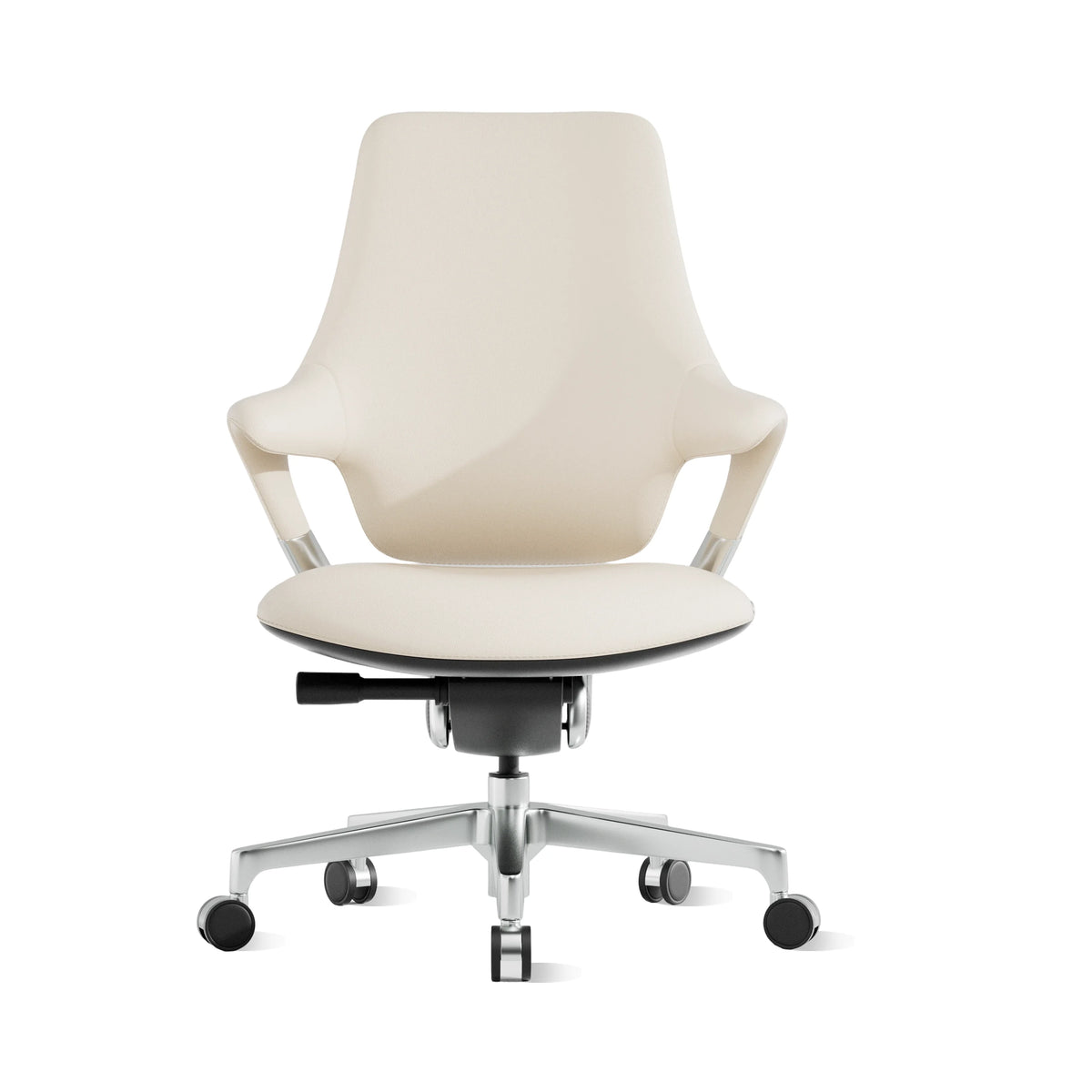 Mid-back office chair with light leather upholstery and chrome base with rolling casters