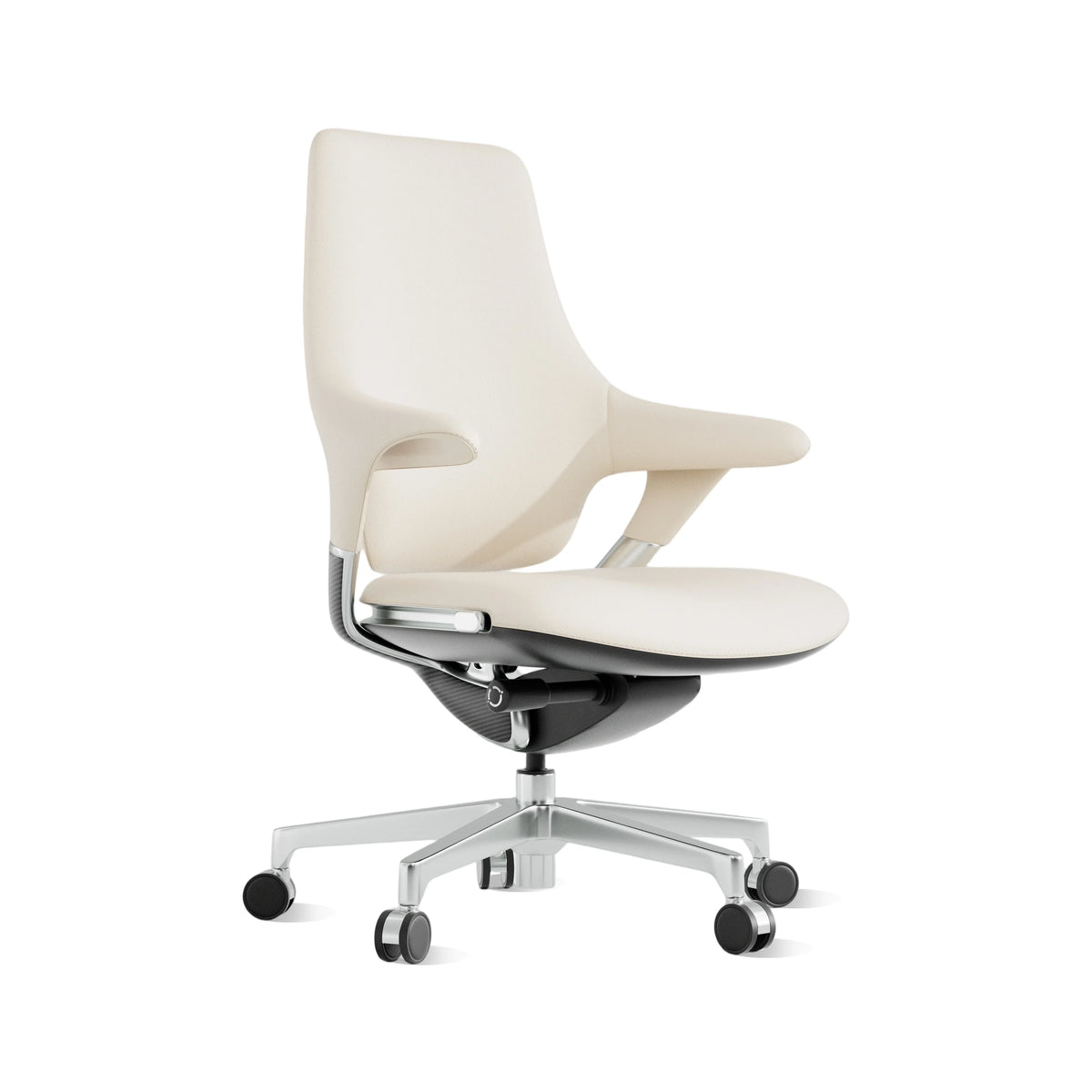 Mid-back office chair with light leather seat and back, chrome base and rolling casters