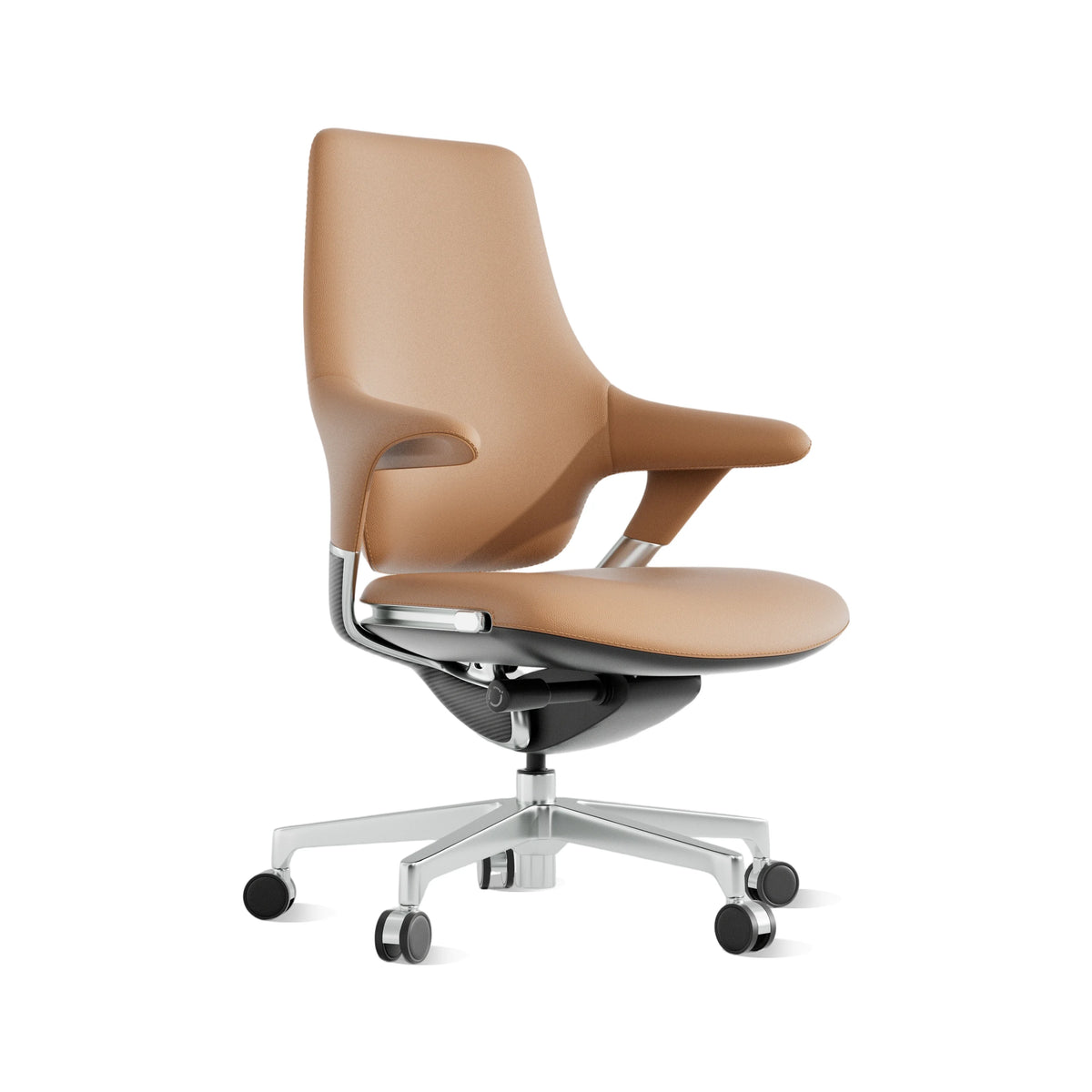 Mid-back office chair in warm beige, side view with curved seat and caster wheels