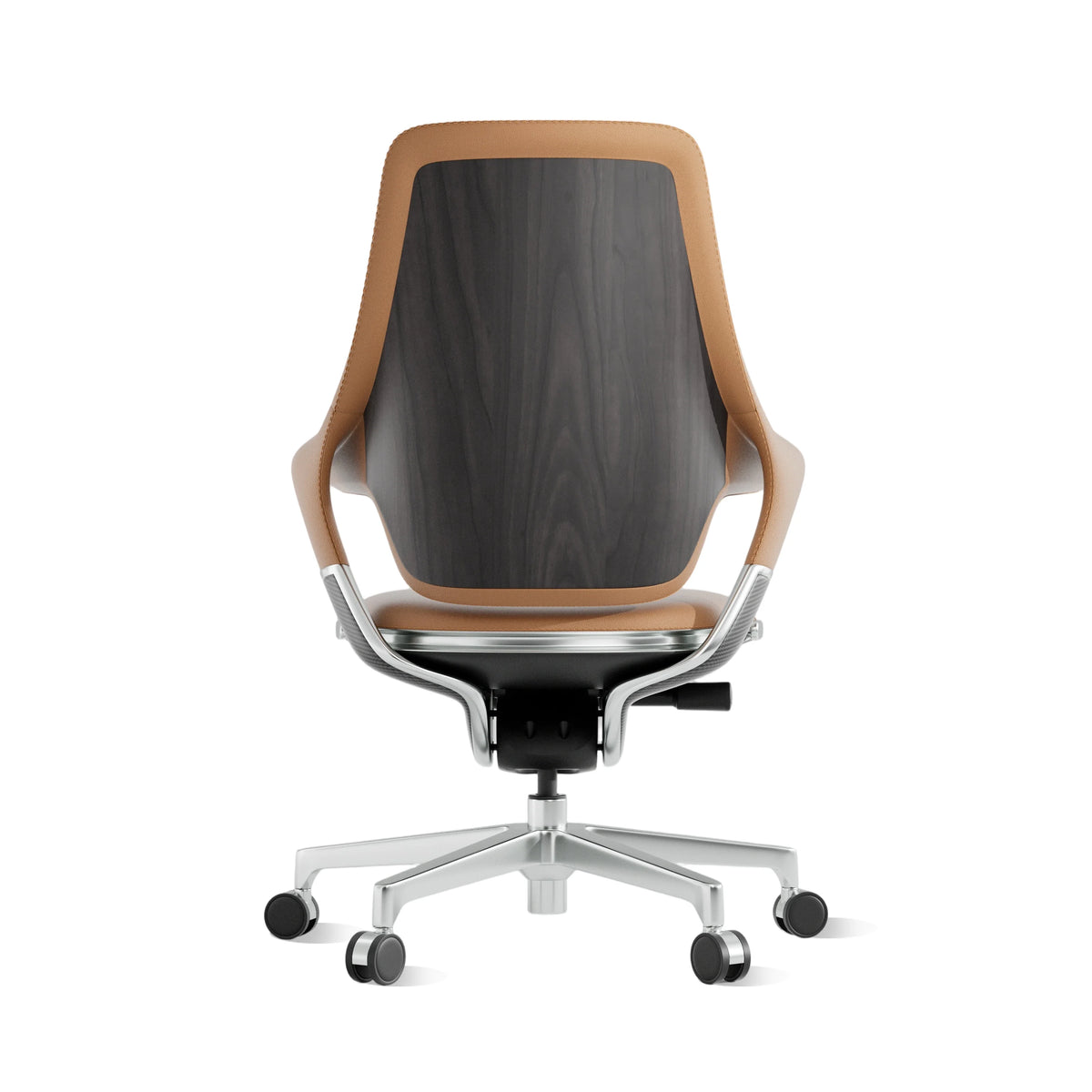 Mid-back office chair with warm beige frame and dark wood-grain back panel, rolling base