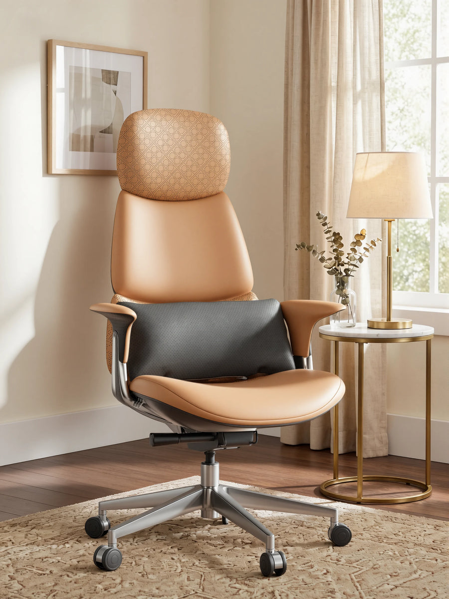 Burnt orange full-grain leather cushion on chair, rounded back and side tag