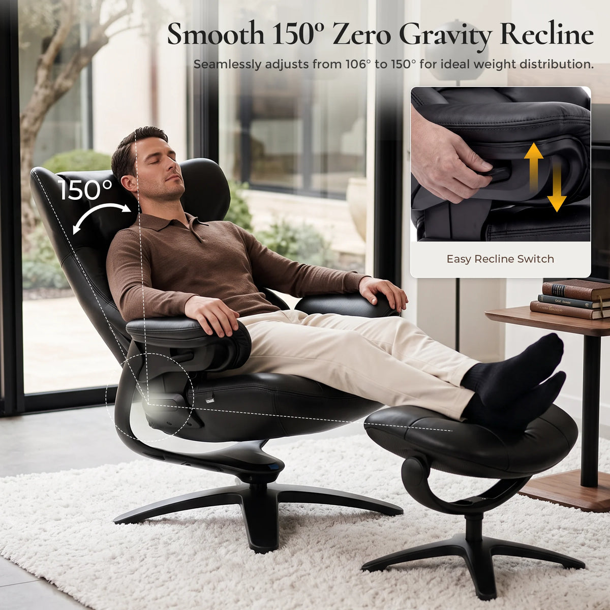 Black recliner lounge chair with ottoman, reclined position with padded footrest