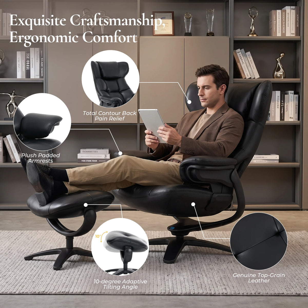 Black recliner lounge chair with ottoman, contoured back cushions and swivel base