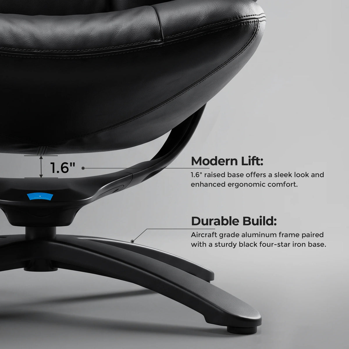 Black recliner lounge chair with ottoman, curved base with lift and ergonomic support