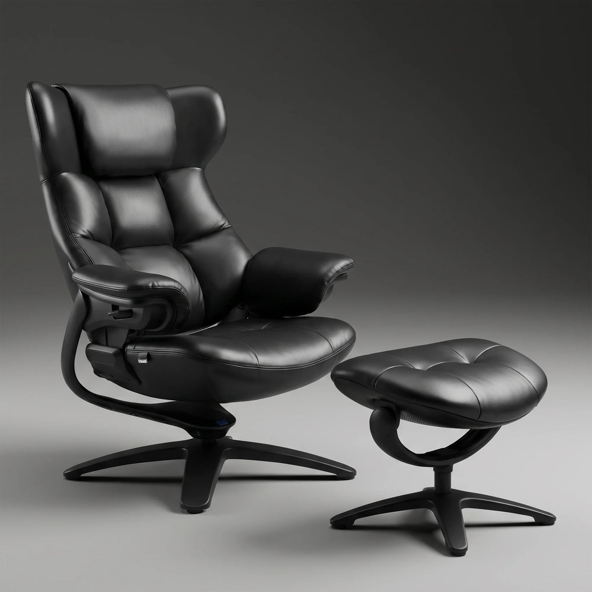 Black recliner lounge chair with ottoman set, padded seat and headrest
