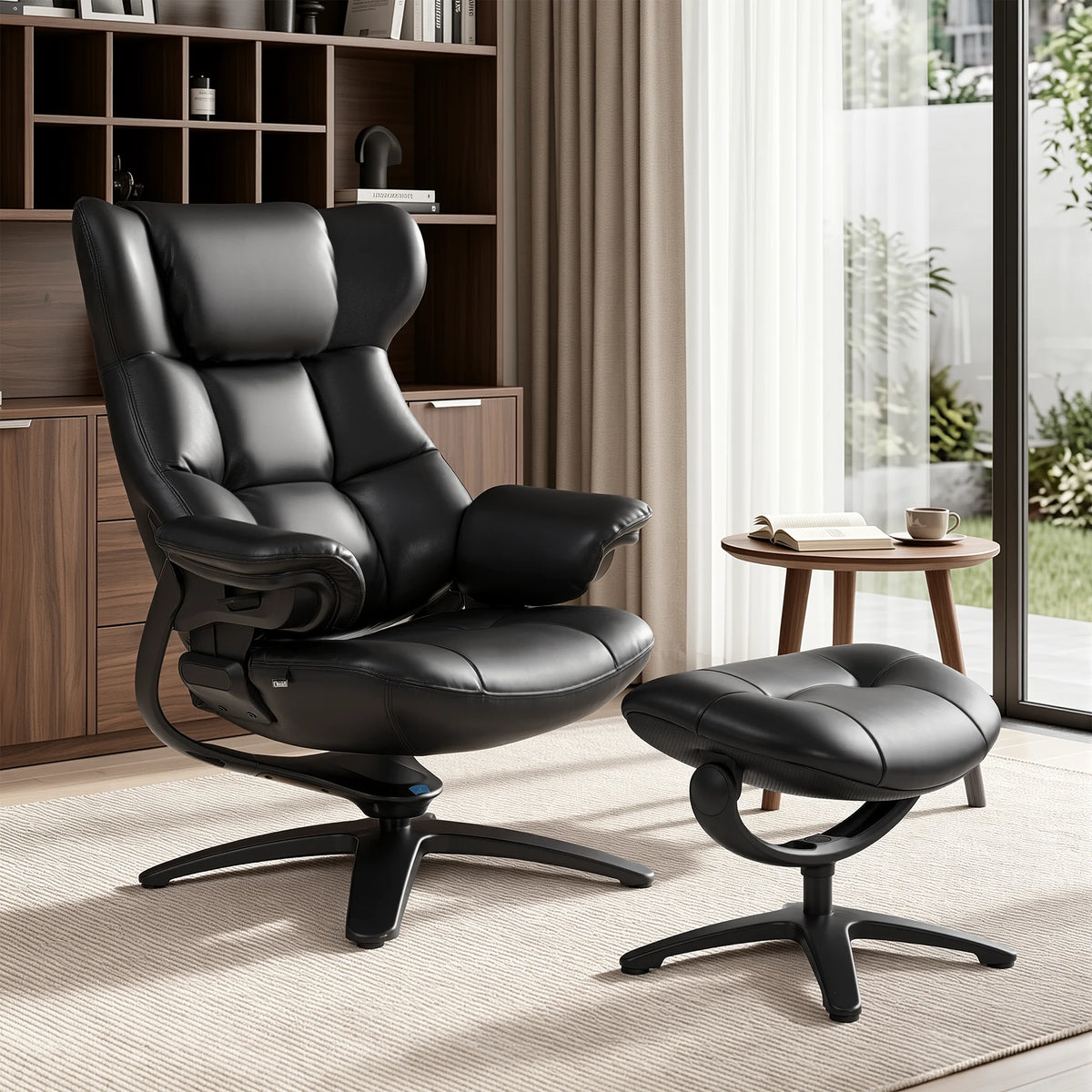 Black recliner lounge chair with ottoman, padded seat and curved reclining design