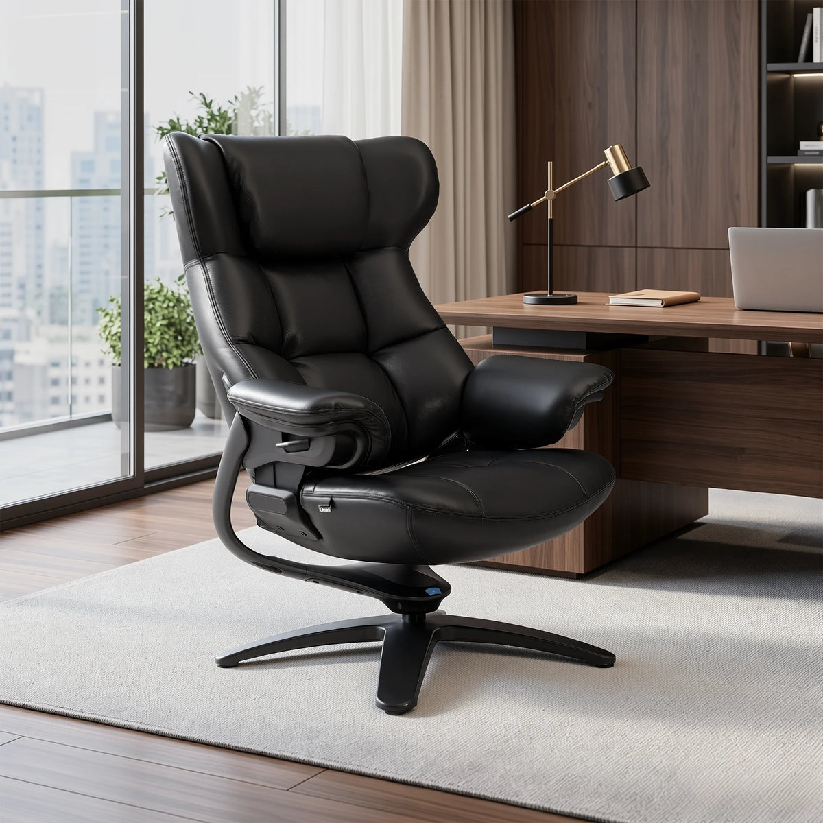 Black recliner lounge chair with ottoman, smooth upholstery and sculpted armrests