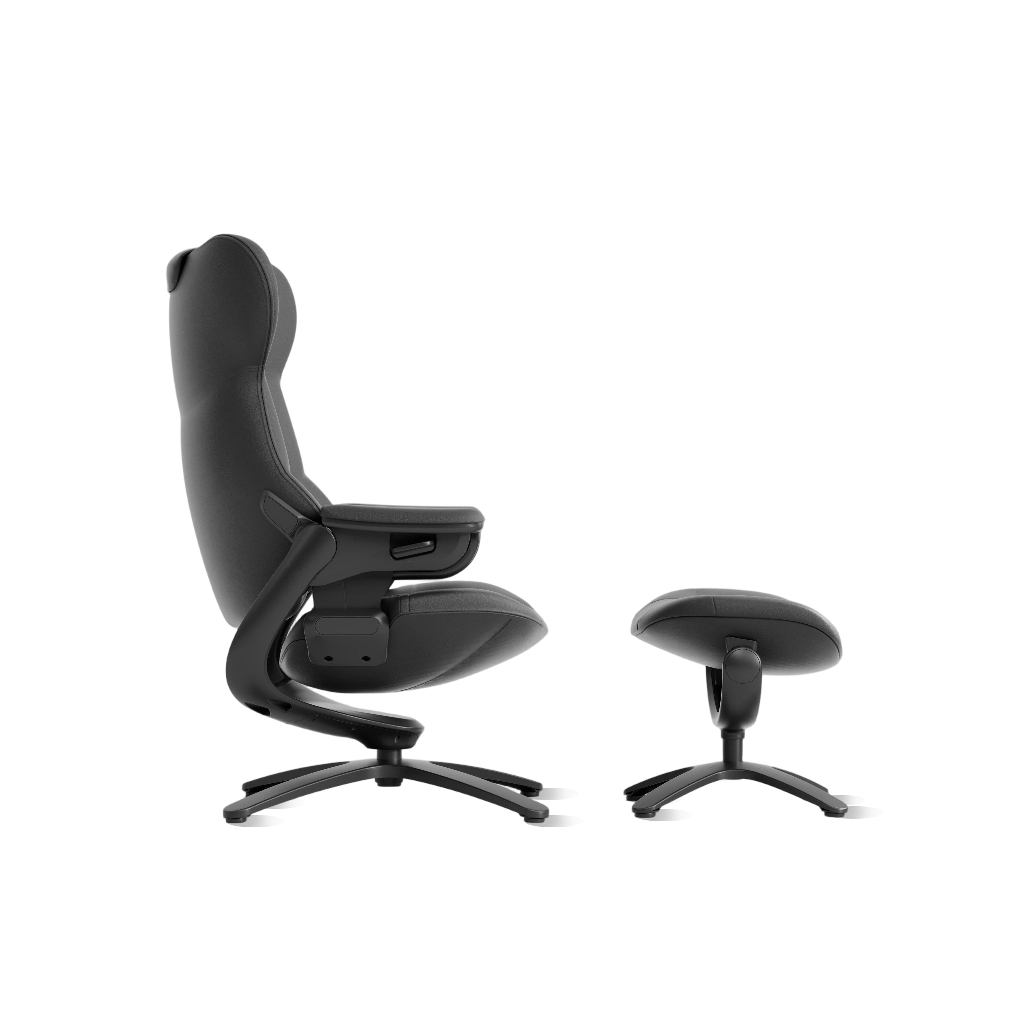 Black recliner lounge chair with matching ottoman, contoured back, curved leg base