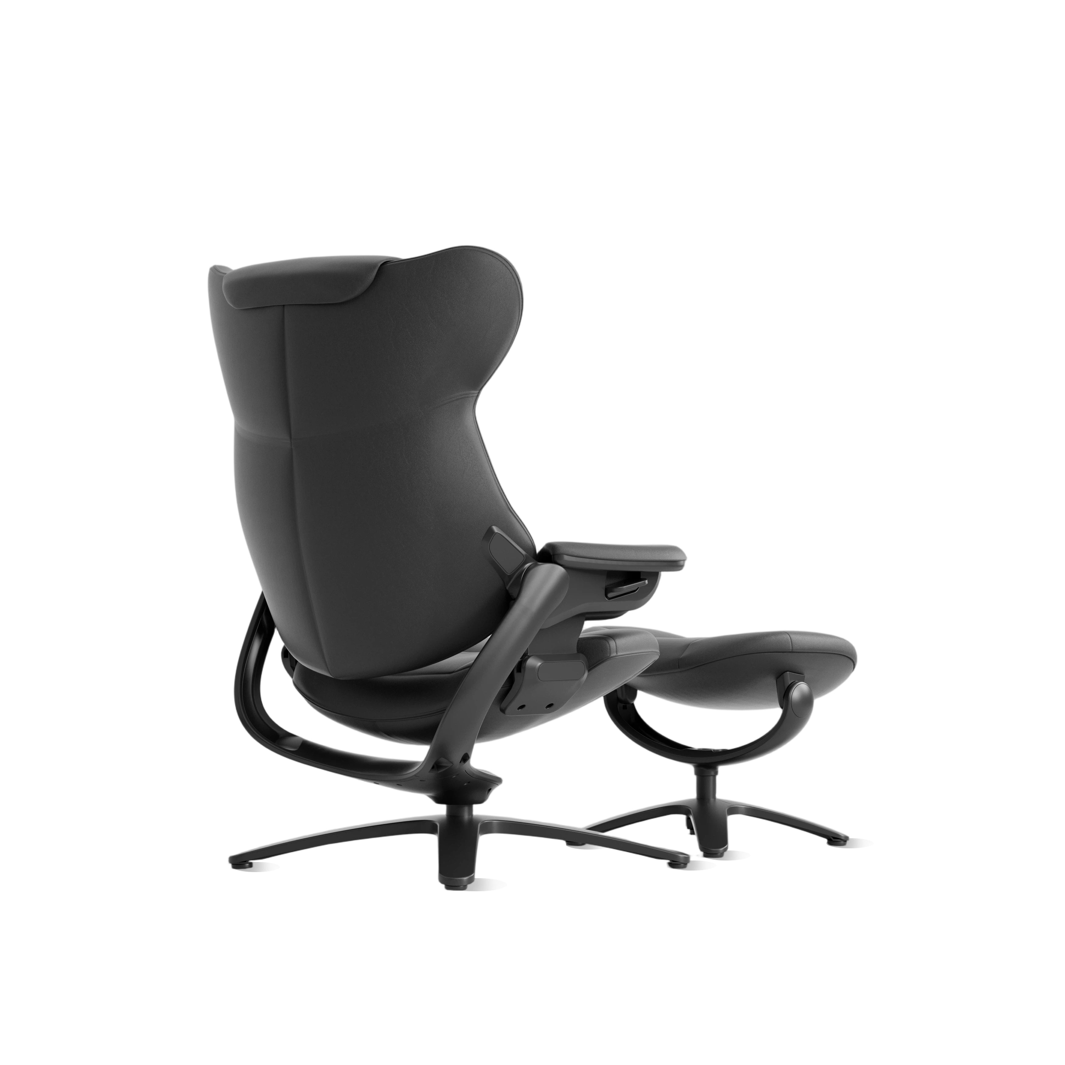 Black recliner lounge chair and ottoman, arm support, reclining lever, swivel base