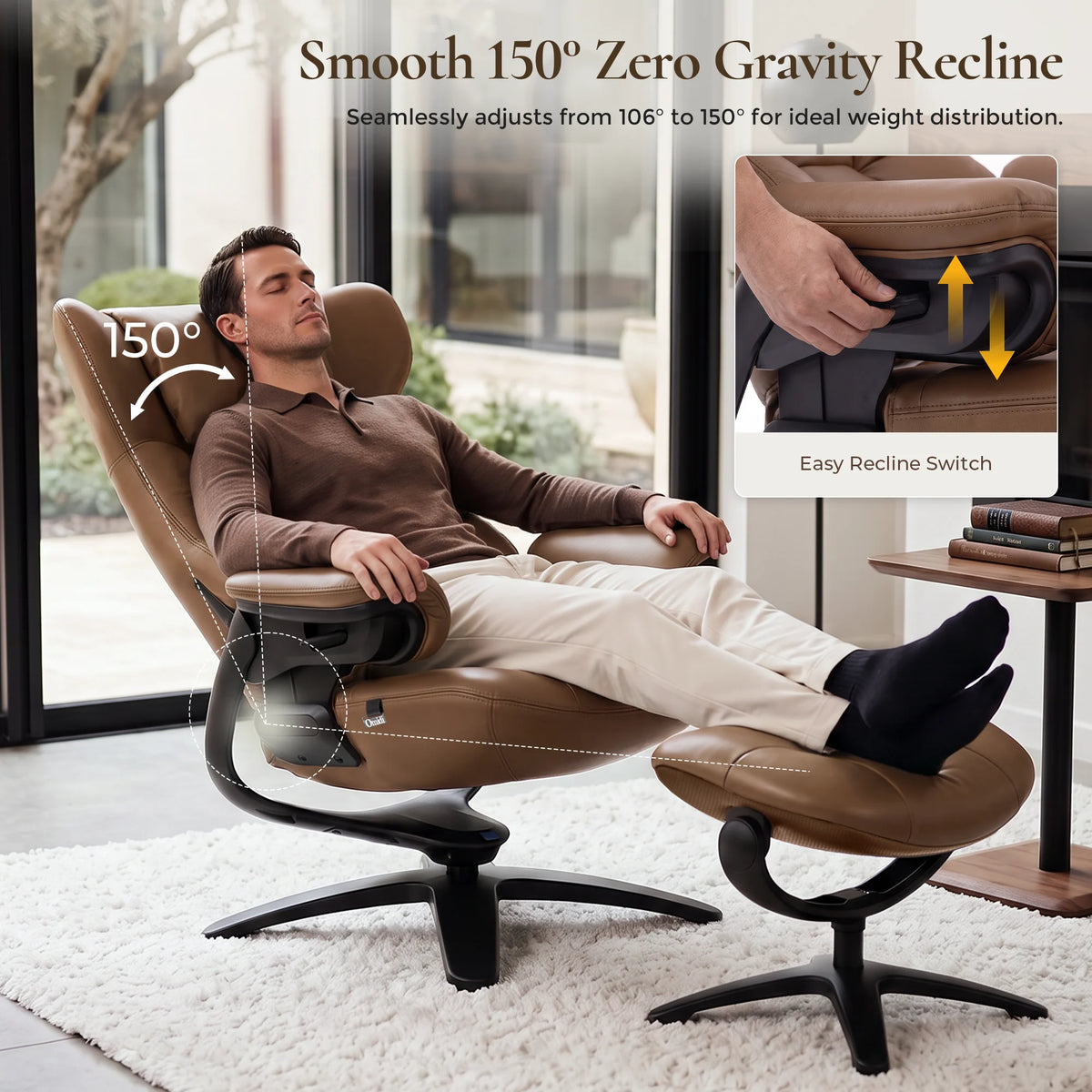 Brown recliner lounge chair with ottoman, reclined seat with supportive headrest