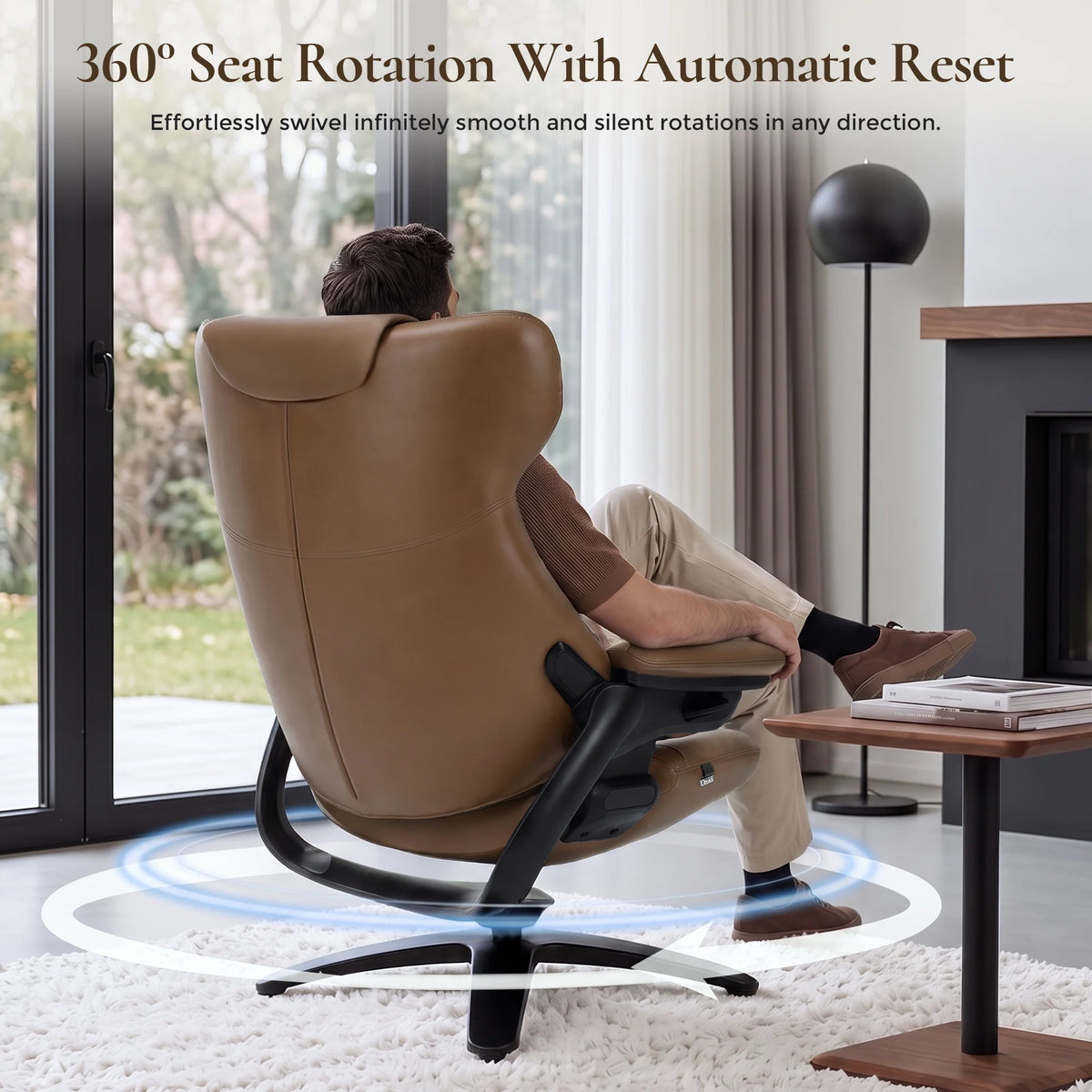 Brown recliner lounge chair with ottoman, swivel base and padded backrest