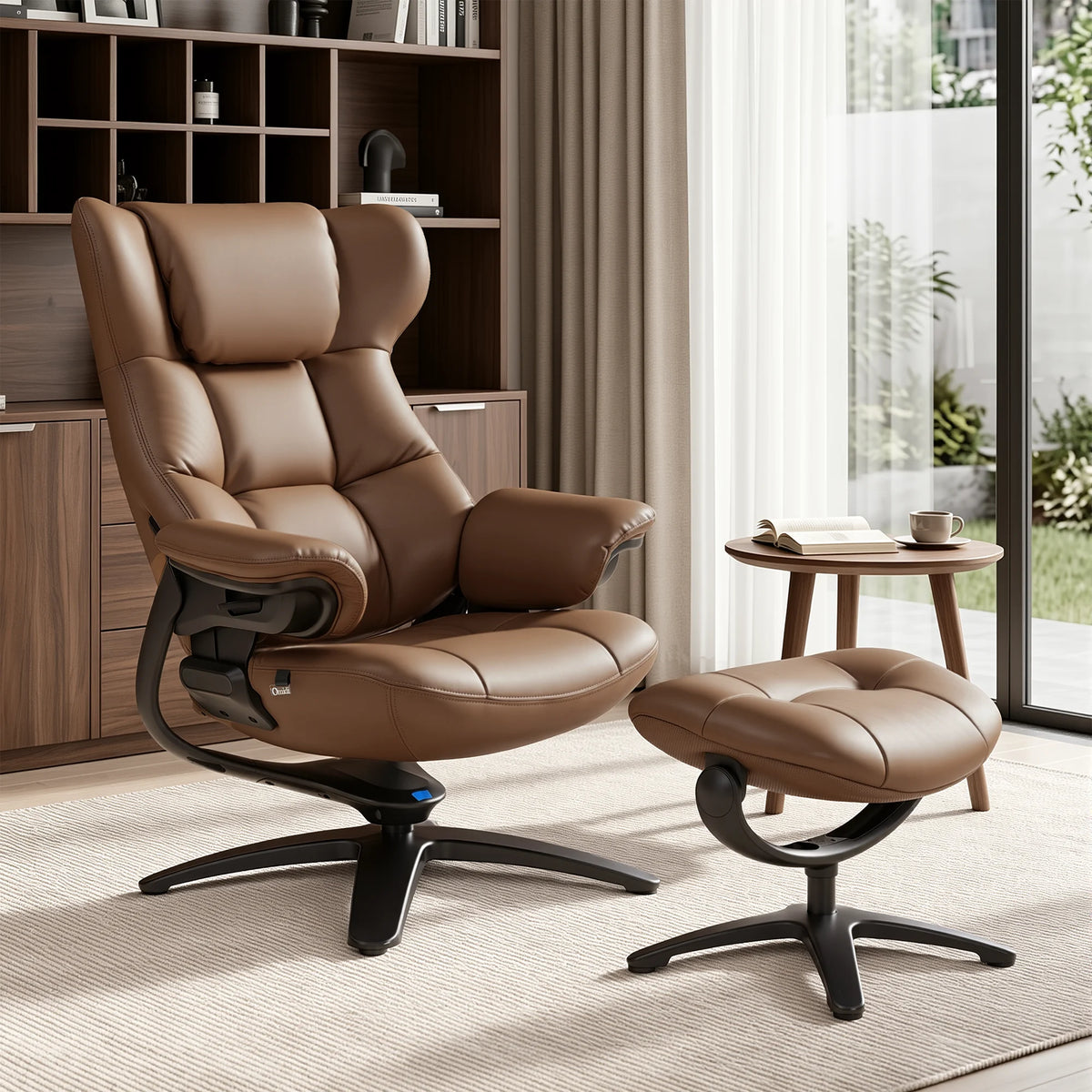 Brown recliner lounge chair with ottoman, matching ottoman and swivel base