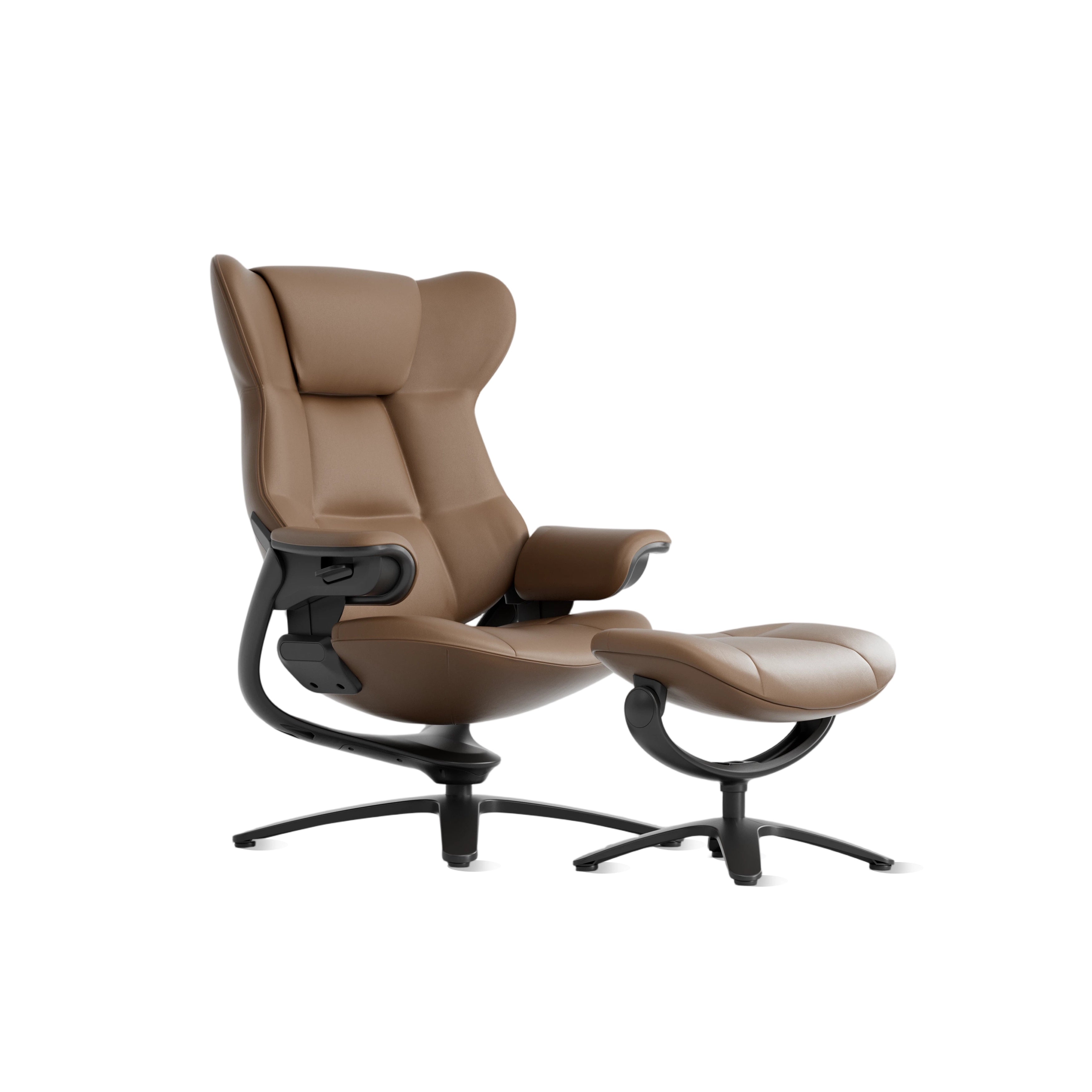 Brown recliner lounge chair with matching ottoman, reclining angle, cushioned cushions