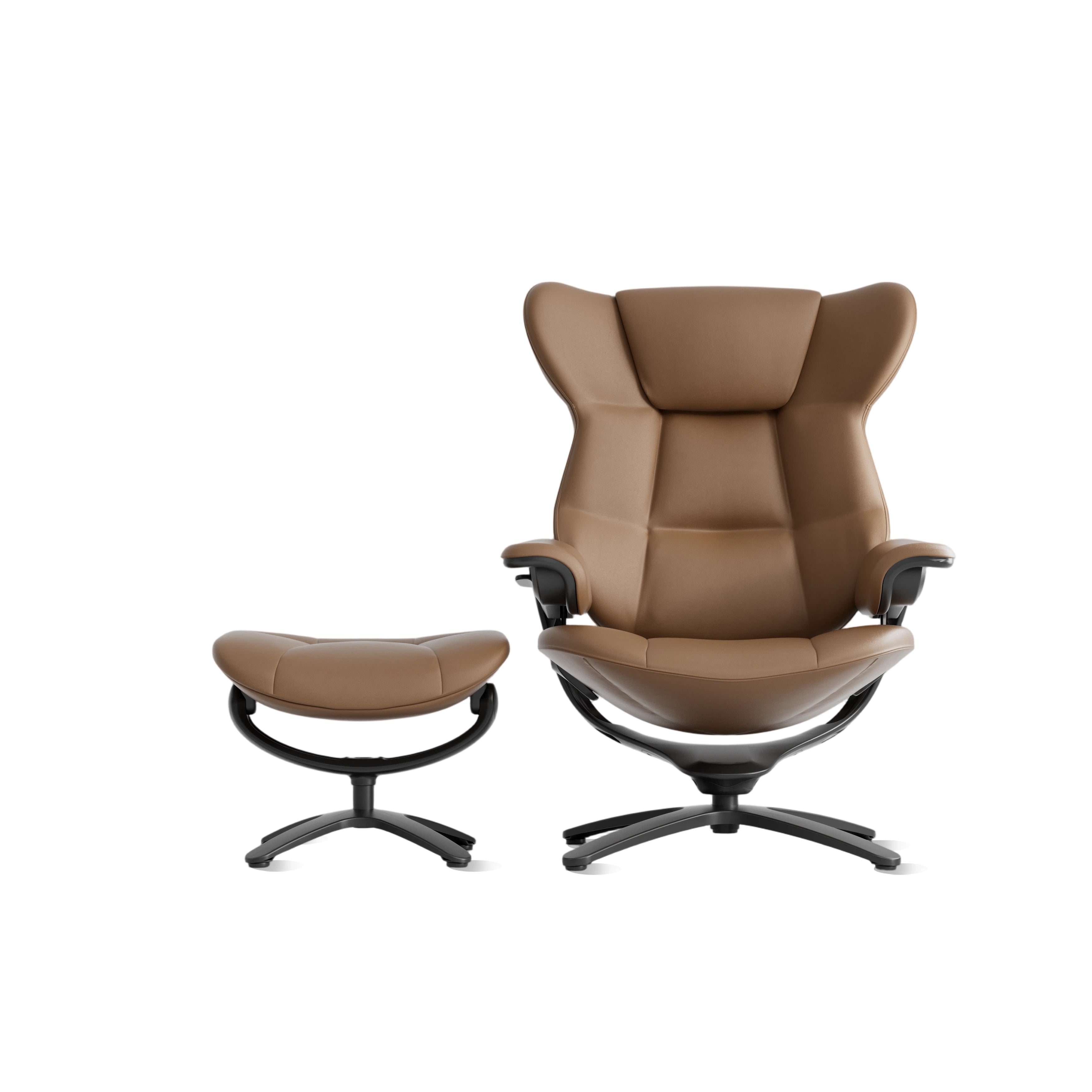 Brown recliner lounge chair with matching ottoman, front view, cushioned seat and back