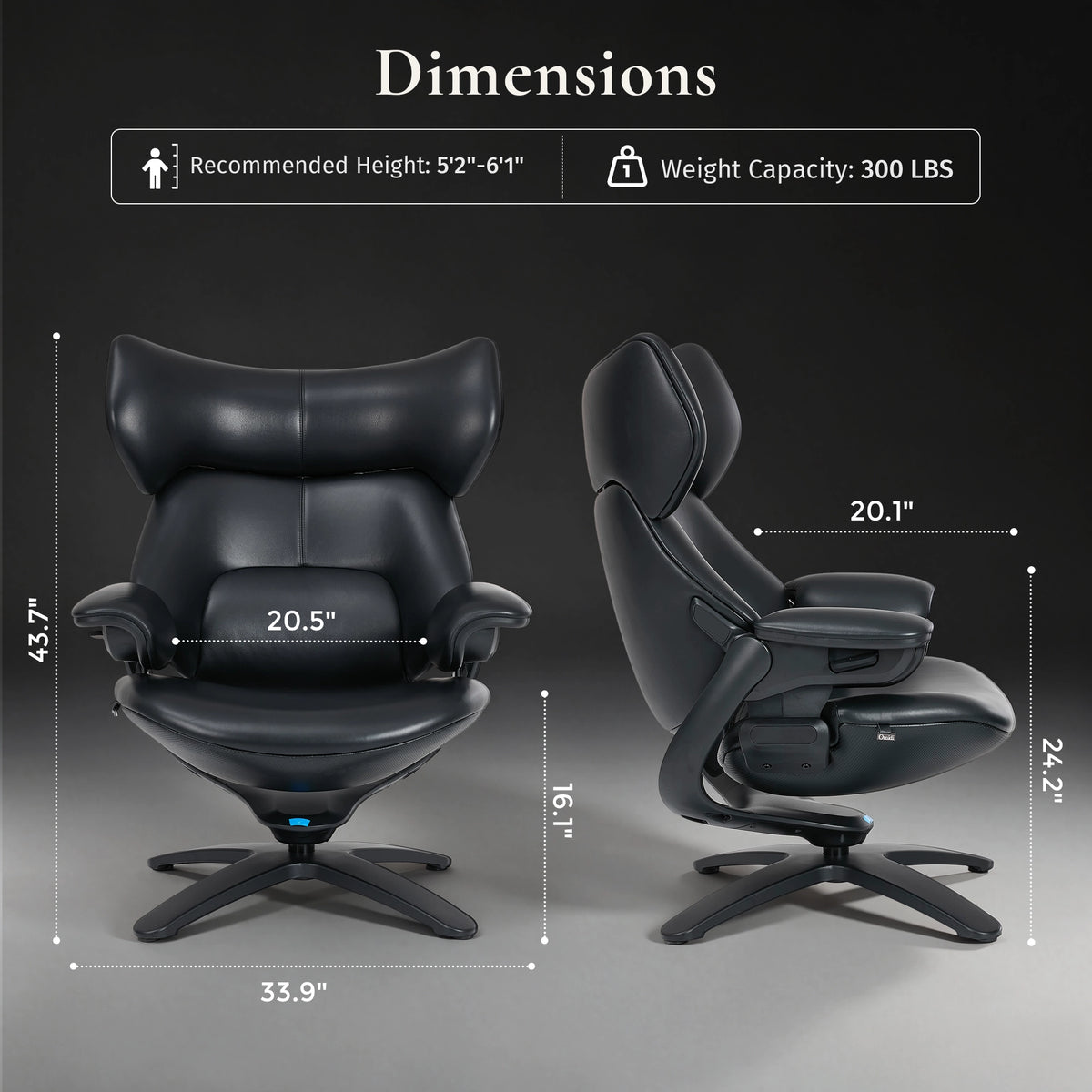 Black recliner lounge chair and ottoman with measurement layout, front and side views