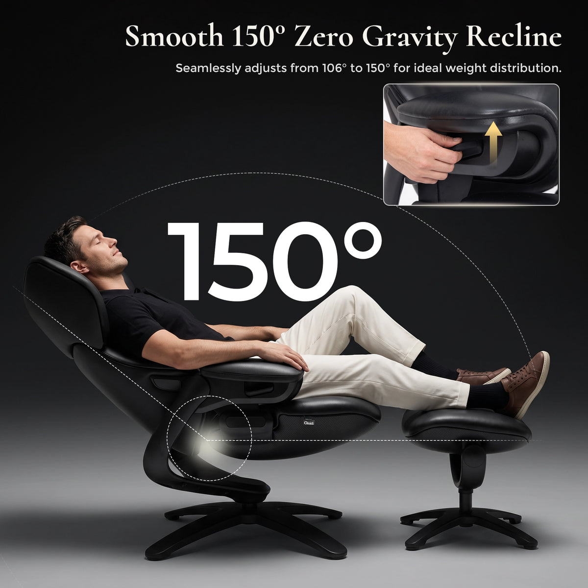 Black recliner lounge chair reclining with ottoman extended, wide relaxation angle