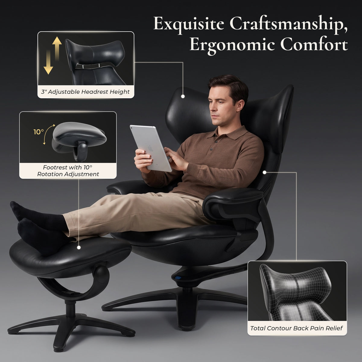 Black recliner lounge chair with ottoman and adjustable headrest, ergonomic seated view