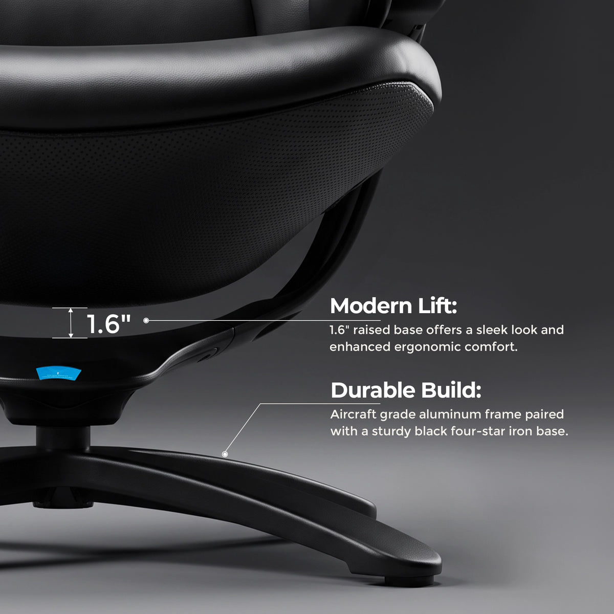 Black recliner lounge chair close-up of armrest and five-leg base with footrest