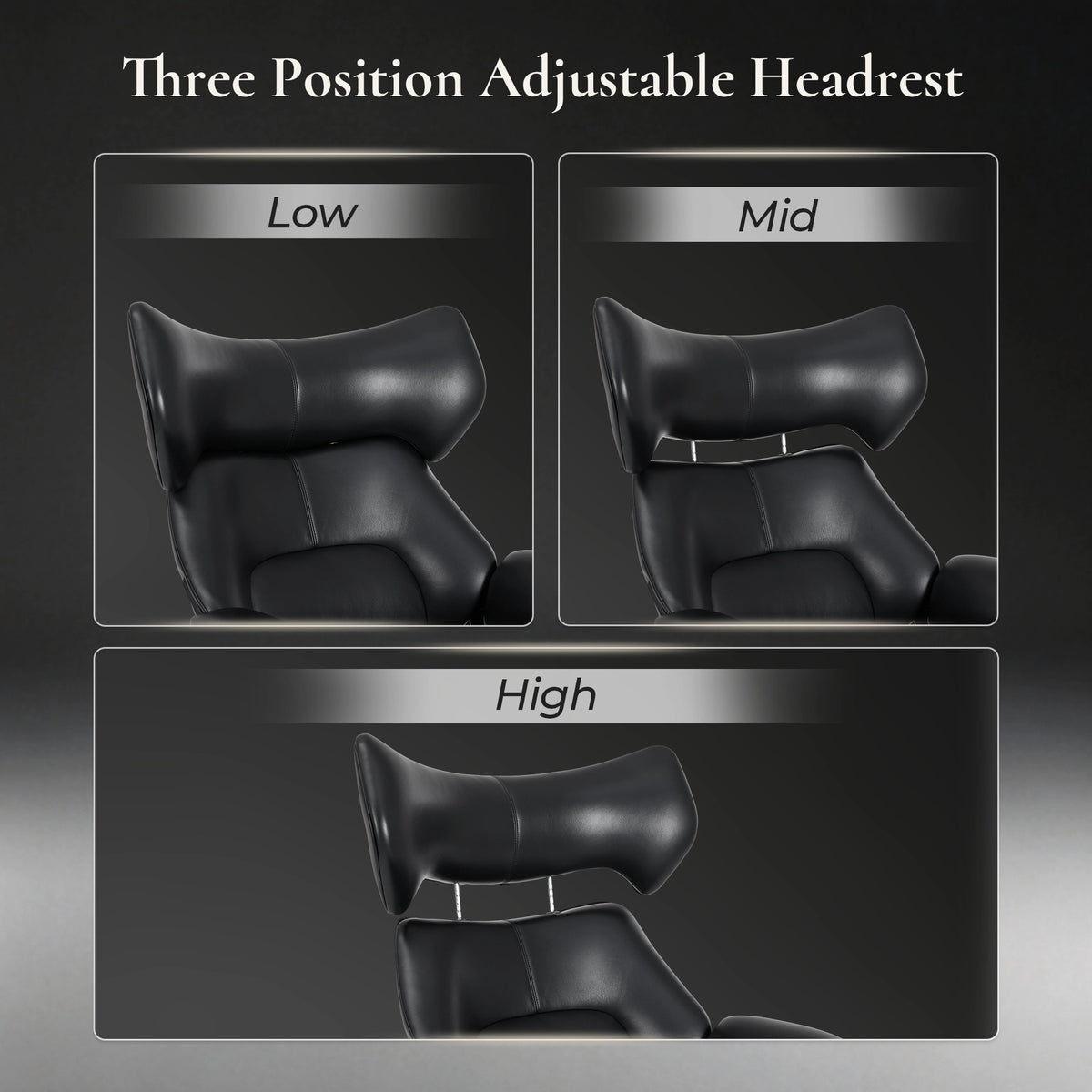 Black recliner lounge chair with adjustable headrest, low, mid, and high positions