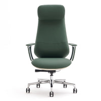 Adjustable office chair with green fabric back and seat, chrome base and armrests