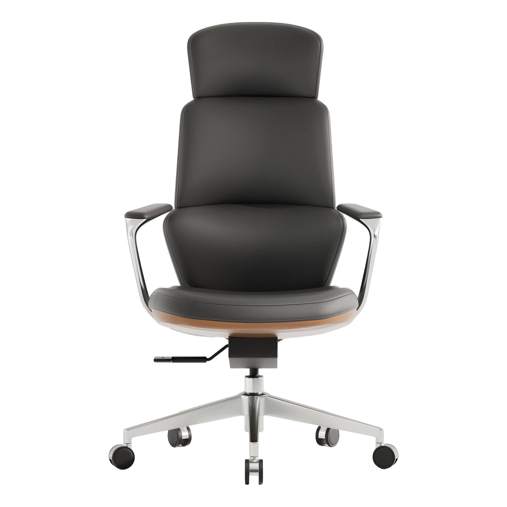 Nolan leather office chair, black with padded back and curved seat, swivel caster base