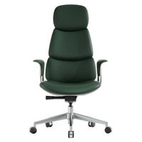 Leather office chair in dark green with headrest, armrests, and chrome caster base.